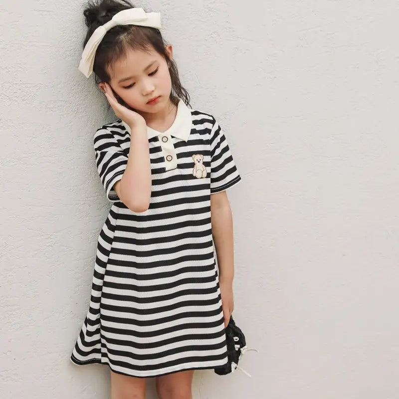 Girls Stripe Bear Polo Dress Summer Short Sleeve Flip Collar Baby Academy Style Trendy Dress Girls Aged 2-10