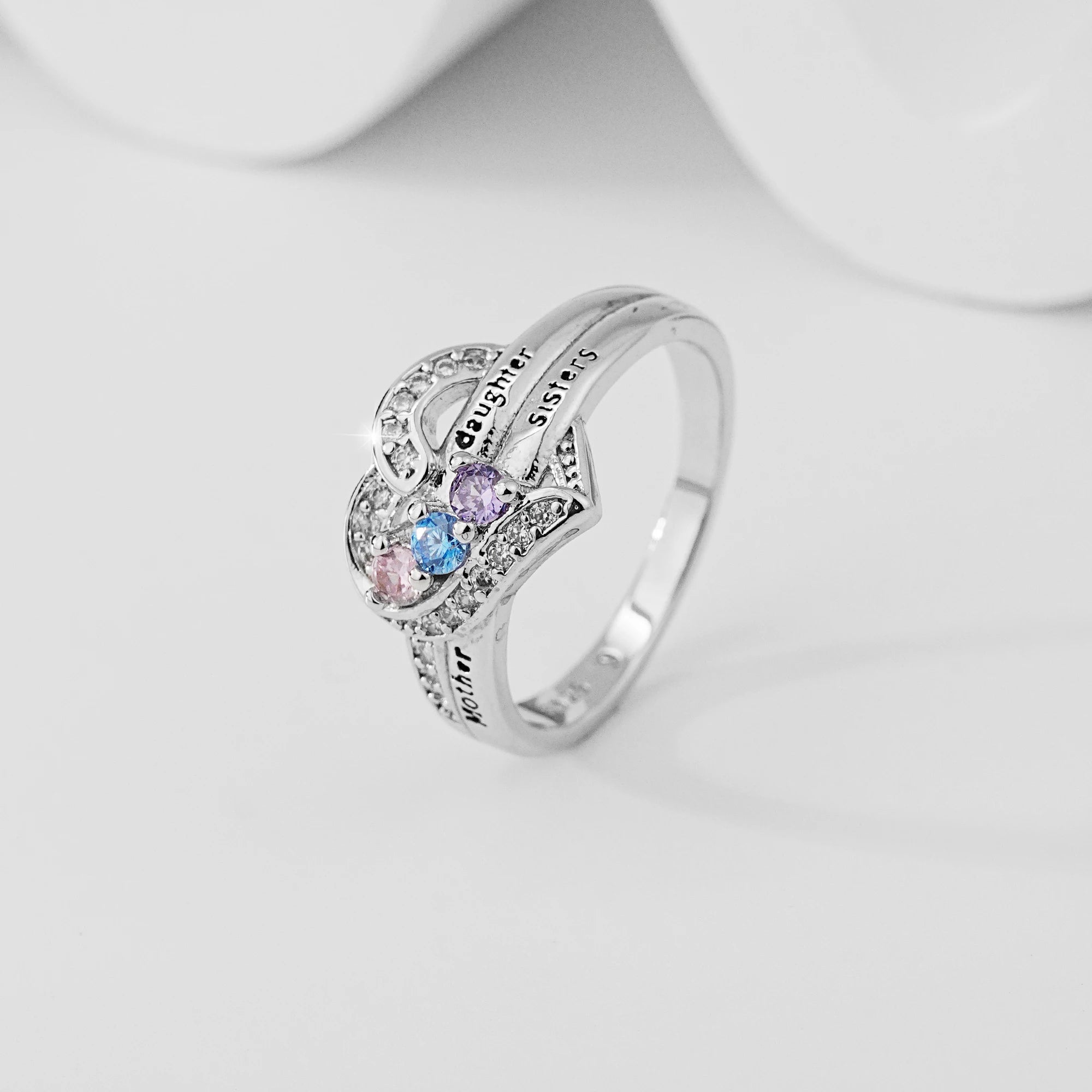 Mother Daughter Sisters Heart Ring, 925 Silver Plated with 3 Colorful Zircon Stones, Engraved Family Love Jewelry Gift for Women
