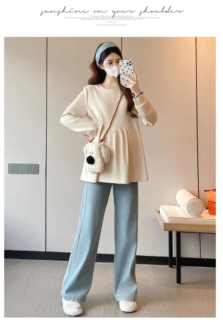 Maternity Sweatshirt Spring Autumn Simple Casual Cute Loose Slim Comfortable Round Neck Long Sleeve Sweatshirt For Pregnancy