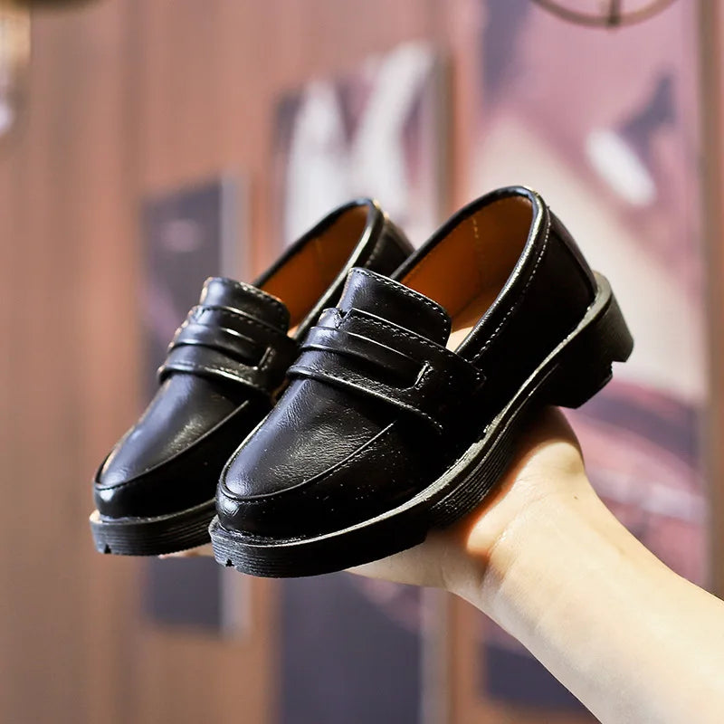 2025Kids Loafers Slip-on Pu Leather Shallow Black Brown Boys Girls Flat Shoes 21-36 Toddler Fashion Leisure Children Casual Shoe