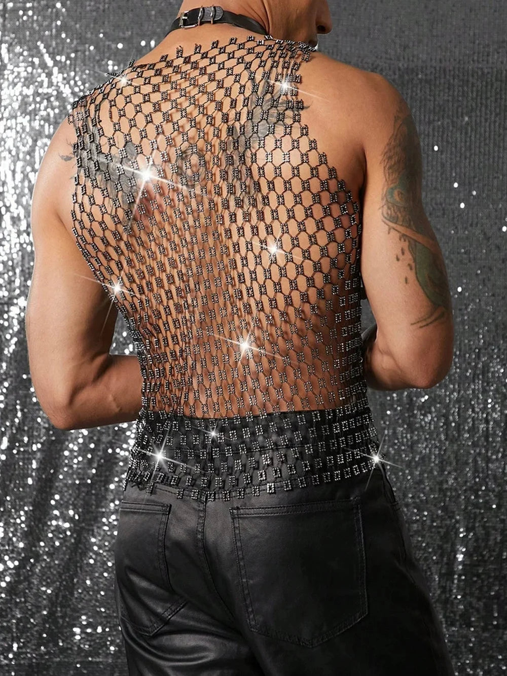 Tank Tops Men Rhinestone Fishnet Shiny Muscle Top Man See Through Vest Round Sequin Sleeveless T-Shirt Party Nightclub Garment