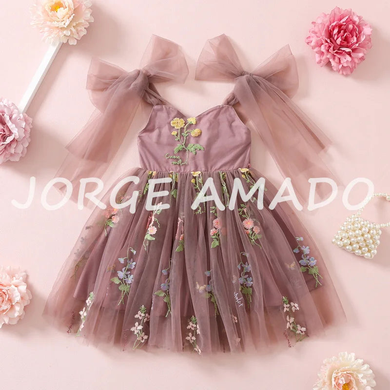 2026 Easter Kids Dress Girl Summer Dress Floral Bow Sleeveless Dance Performance Dress Girls Clothes E1236