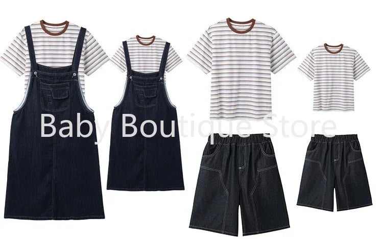 2025 Mom Daughter Father Son Family Matching Summer Cotton Mother Daughter Outfits Twin Wear Casual Striped Tshirt Overalls Set