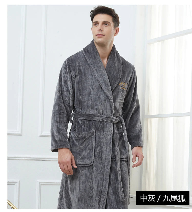Plus Size 3XL 4XL Men Flannel Robe Winter Thickened Sleepwear Kimono Bathrobe Gown Warm Coral Fleece Loose Home Wear Nighwtear