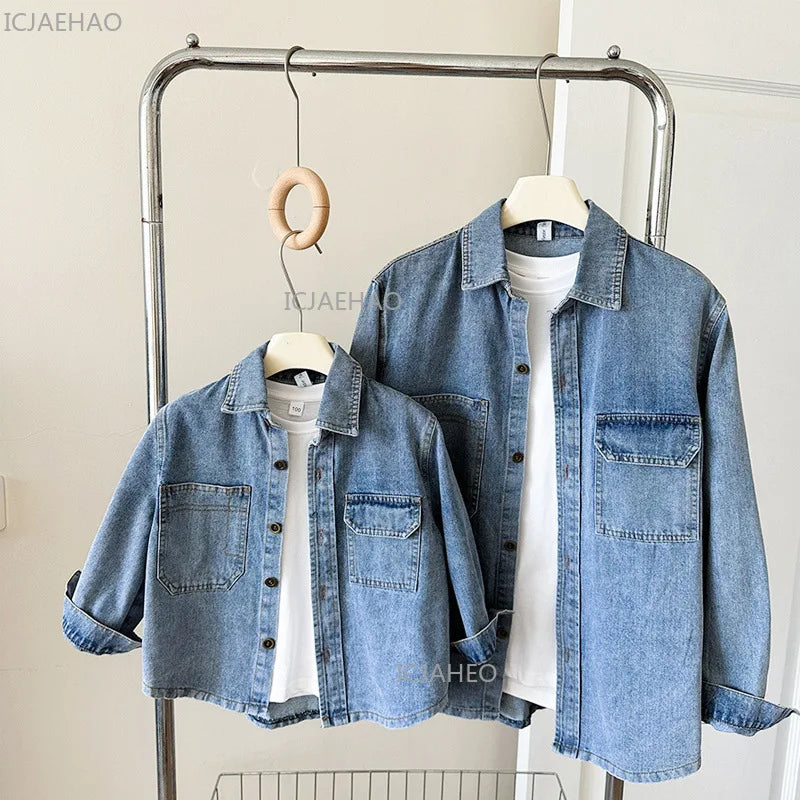 ‌2026 Mother-Child Mother and Son Daughter Matching Fashion Outfits Denim Jacket & Shirt Casual Kids and Adults Tops Autumn
