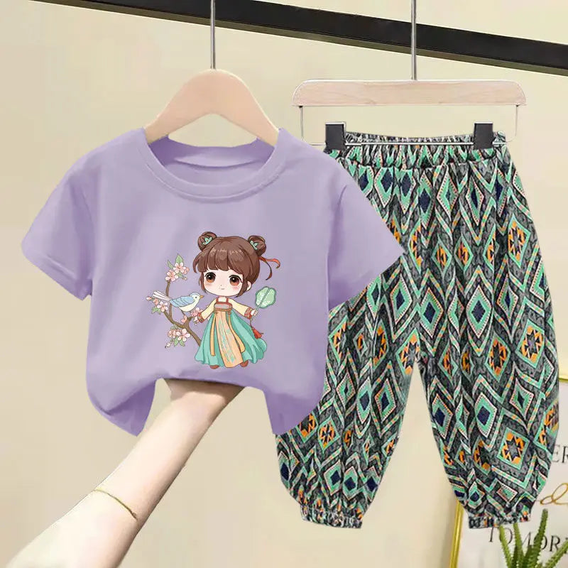 Kids Clothes Girl Sets Summer Little Girls Children Clothing Baby Suit Toddlers Girl T-shirt Short Sleeve Trousers 2pcs Cotton