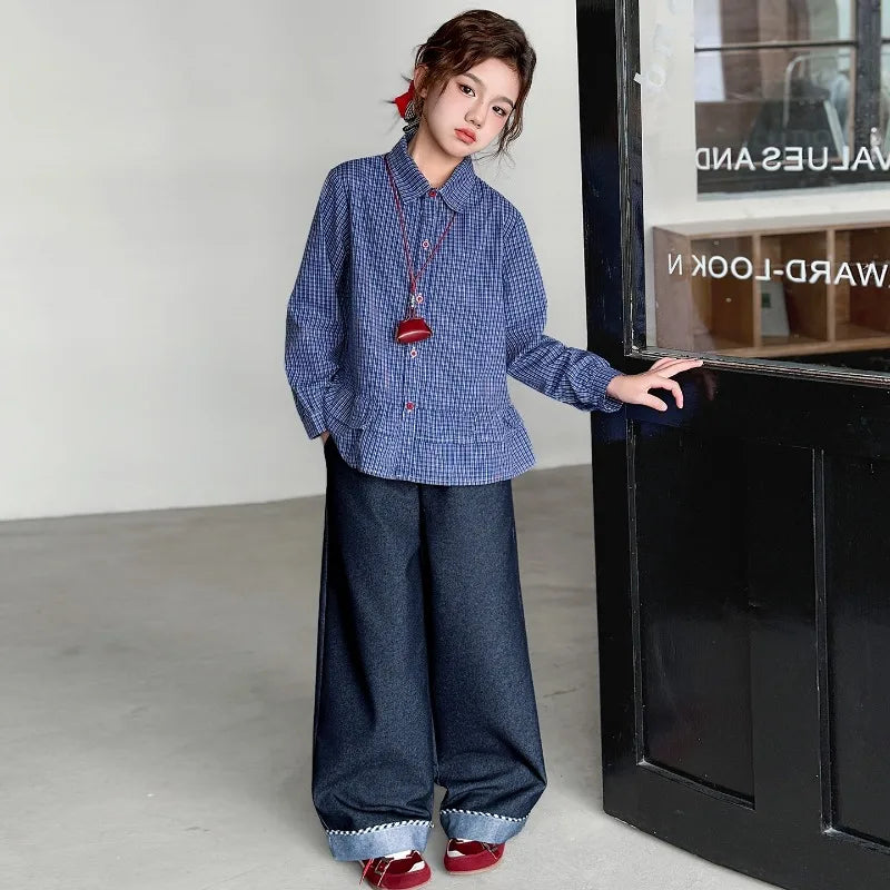 Girls Clothing Set Fashion Children Blue Plaid Loose Fit Sweet Doll Shirt +Cowboy Wide Leg Pants Two-piece Set Spring Autumn