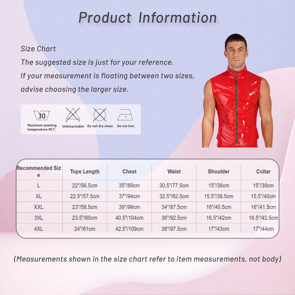 Mens Glossy Patent Leather Crop Tops Patent Leather Stand Collar Vest Top Clubwear Zipper Sleeveless Jacket Gothic Punk Clubwear