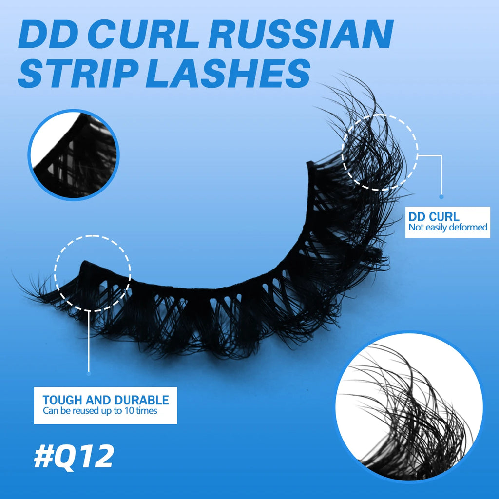 GROINNEYA Russian Strip Lashes Fluffy Faux Mink Lashes 8D Wispy Lashes Cat Eye Lashes Pack Dramatic Long Thick Volume Eyelashes