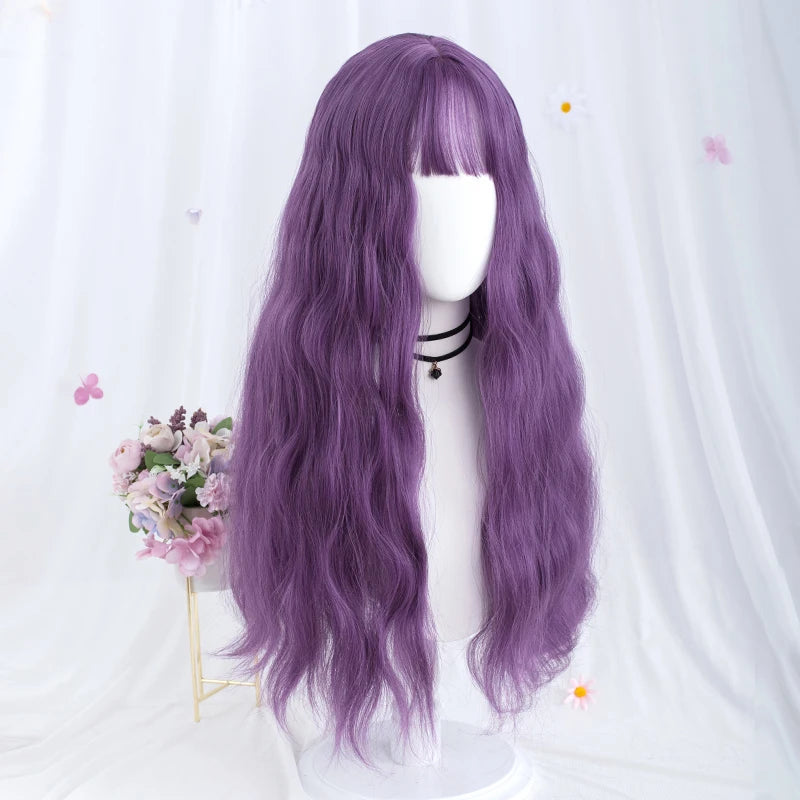 VICWIG Synthetic Hair Long Wavy Purple Green Black Blue Brown Cosplay Wig with Bangs for Women