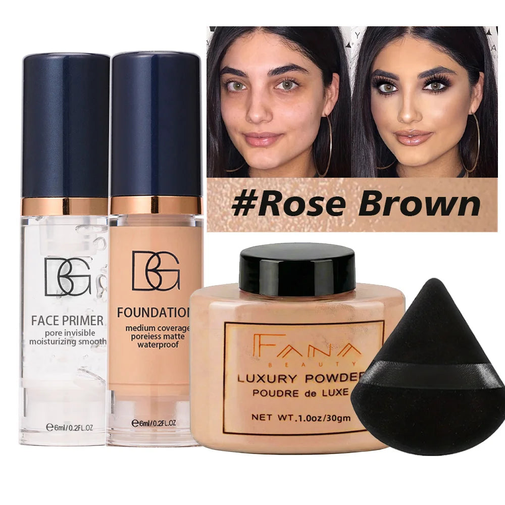Marie Set de Maquillaje Facial de 4 Piezas — Primer Suavizante, Base Mate, Polvo Fijador con Borla, Paquete Impermeable de Larga Duración**