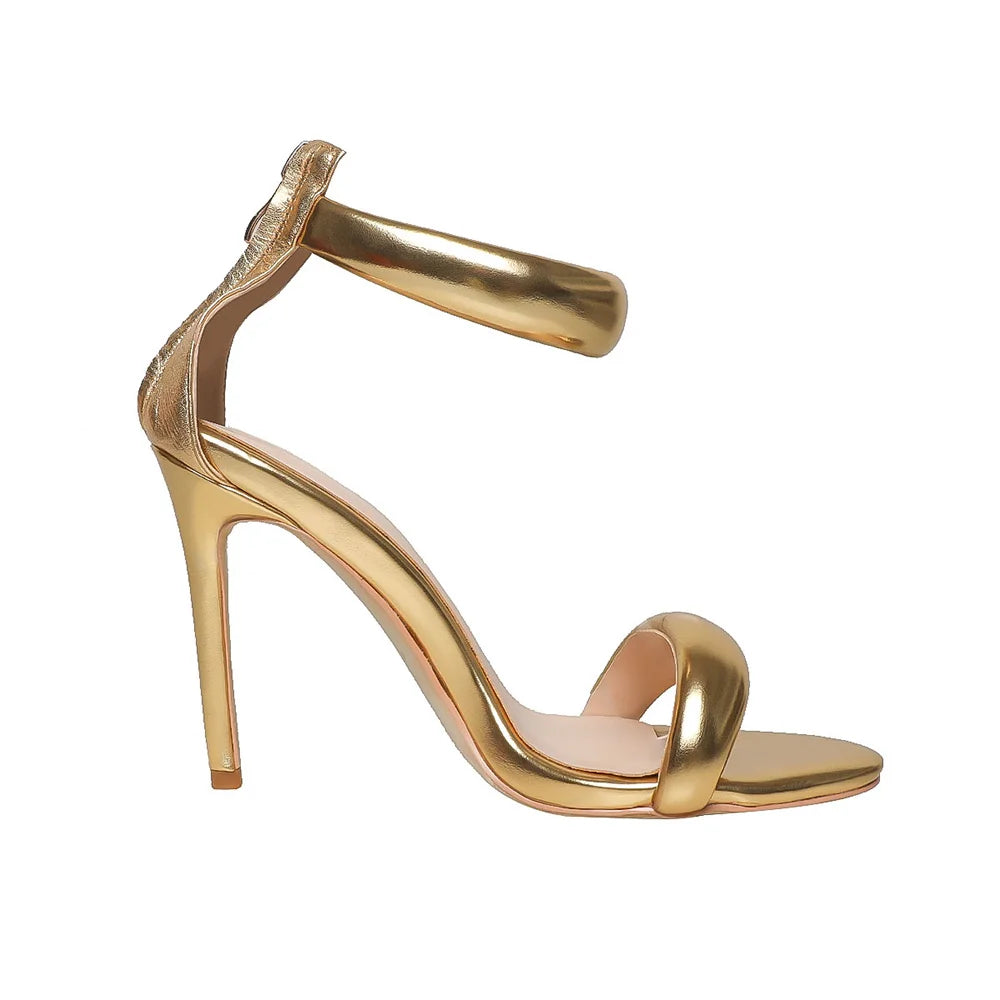 Sandals Women 2025 Concise Style One-strap Sandals for Girls Women Sexy Stiletto Heel Back Zip Cover Heels Summer Sandalias Gold