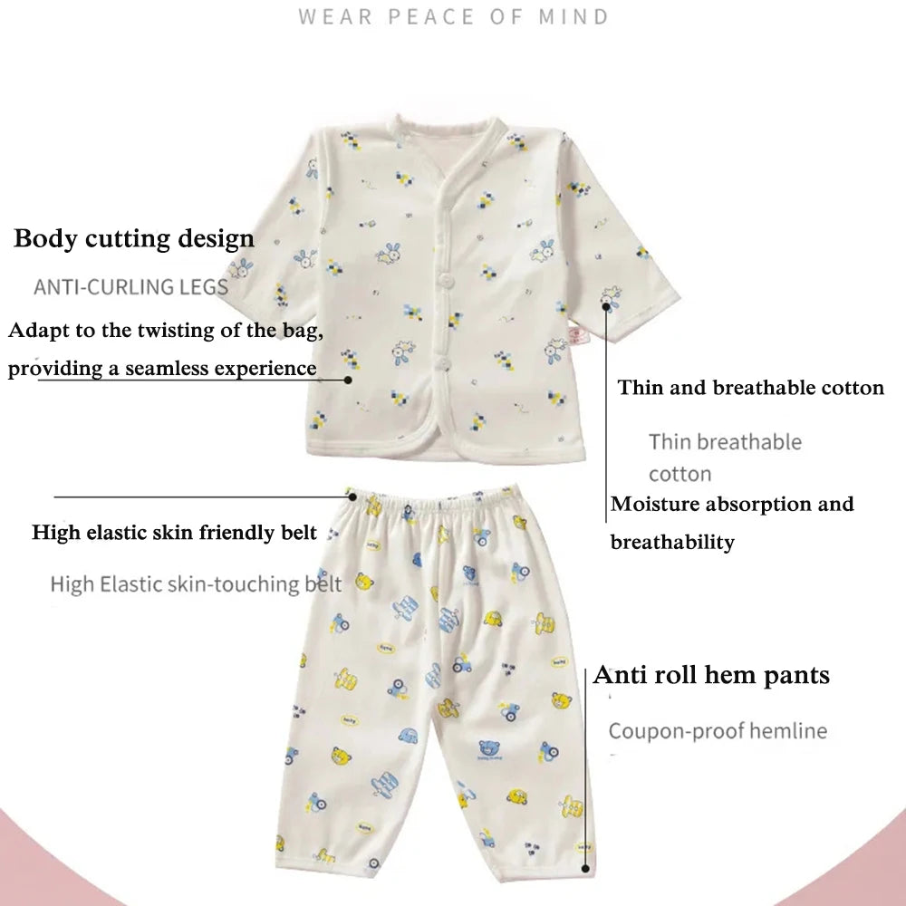 0-3 Month Baby Clothes Newborn Cartoon Home Underwear Cotton Button Baby Clothes Girls Boys Long Sleeve Top + Long Pants