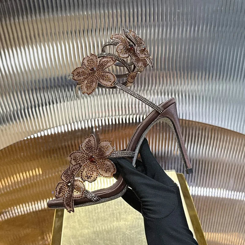 Sandalias Women Rhinestone Flower Decor Dress Shoes Snake Shaped Elastic Strap Thin High Heels Sandals Summer Bridesmaid Shoes