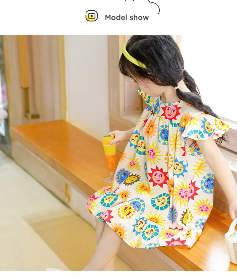 Girl Dresses100% Cotton Children's Clothing Summer Kids Clothes Girls Party Princess Fashion Outfit Flower Pattern Beach Dresses