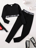 Children's clothing girls' fashion set with English printed round neck long sleeves and black slim fit pants 2-piece set