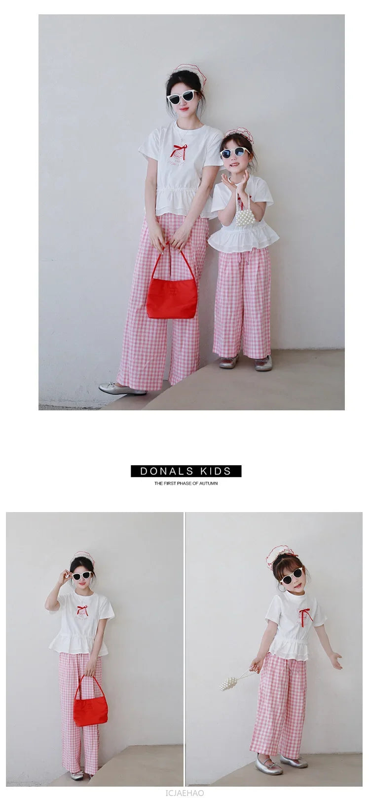 2025 Mother Daughter Matching Outfits Pink White Checkered Pants Tshirt Set Summer Casual Family Clothes Vacation Suits Mom
