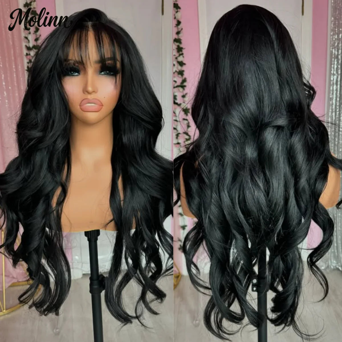 Ginger Wigs Body Wave Lace Frontal Wig With Bangs 13x4 HD Pre Plucked Hairline Transparent Heat Resistant Synthetic Hair Cosplay