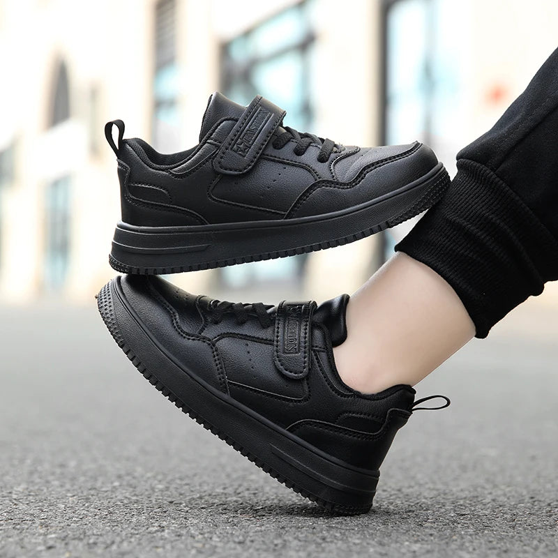 Black Kids Shoes Sports Running Casual Walking Student Fashion New Leather Children's Sneakers Breathable Soft Child Outdoor