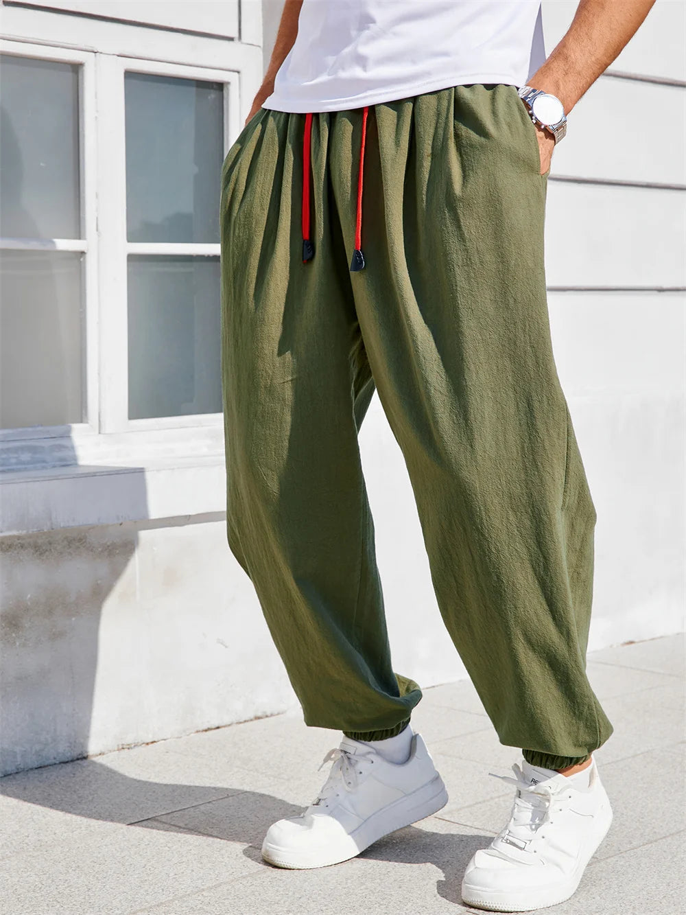 Men's Harem Pants Loose Fit Chinese Style Cotton Linen Solid Color Cozy Sweatpants Joggers High Quality Male Casual Trousers