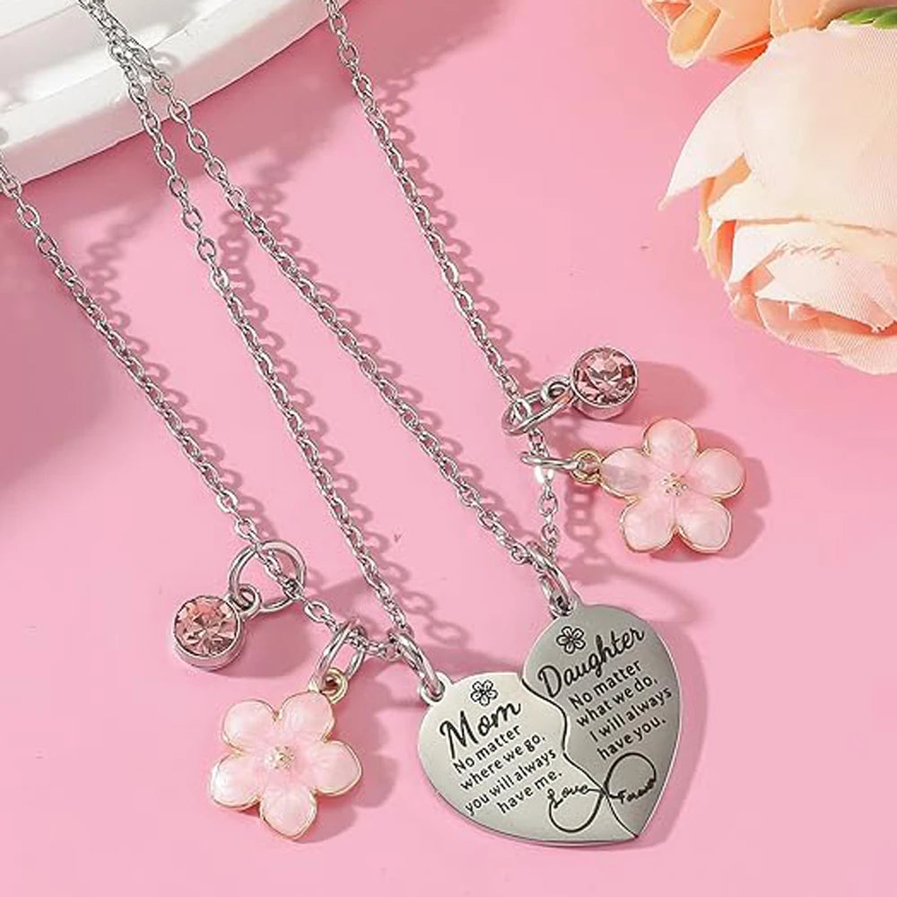 Mother Daughter Necklace for 2 Gifts - Pink Flower Heart Matching Necklace for Mom Women Mother Day Gift from Daughter