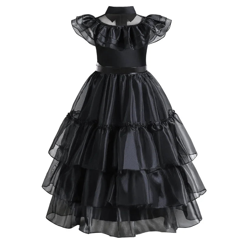 Wednesday Adams Cosplay Dresses 2025 New Girls Mesh Costume Vestidos Kids Carnival Easter Halloween Party Dress 4-12 Years