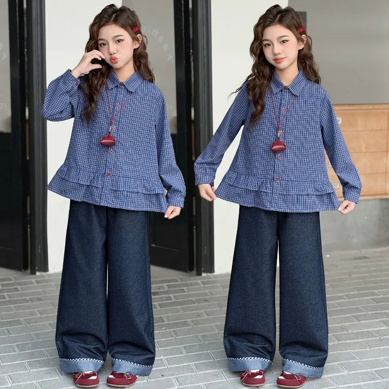 Girls Clothing Set Fashion Children Blue Plaid Loose Fit Sweet Doll Shirt +Cowboy Wide Leg Pants Two-piece Set Spring Autumn