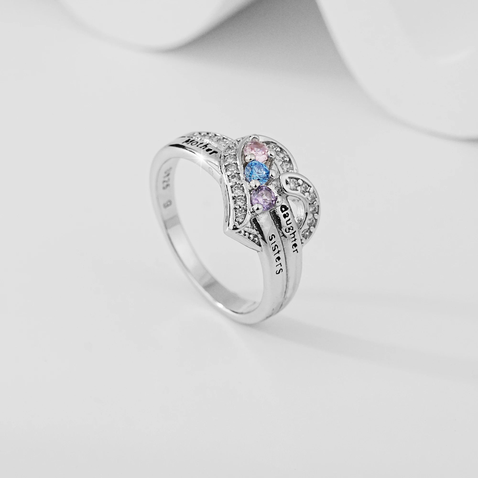 Mother Daughter Sisters Heart Ring, 925 Silver Plated with 3 Colorful Zircon Stones, Engraved Family Love Jewelry Gift for Women
