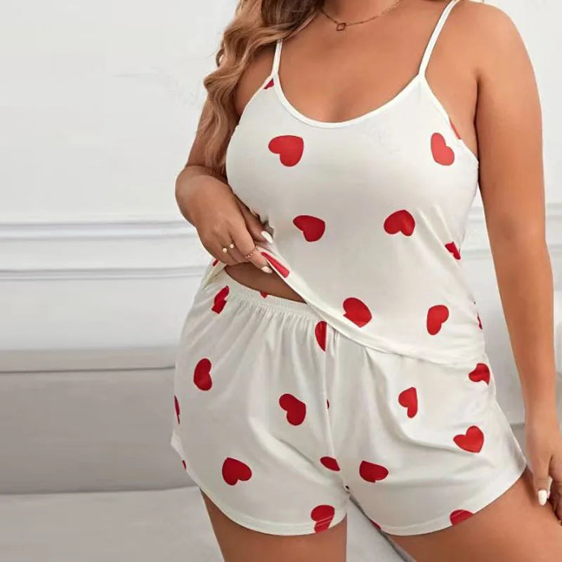 2026 Summer Women's Heart Print Pajama Set Sleeveless Elastic Waist Shorts 2 Pieces Female Sleepwear Nightwear XL-5XL Plus Size