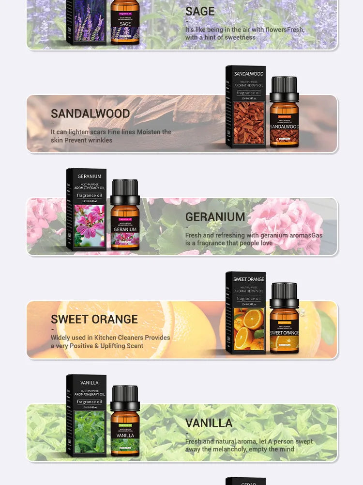 20 Flavors Essential Oils for Aroma Diffuser Air Humidifier Home Water-soluble 10ml Air Freshener Scents Fragrance Oil Perfume