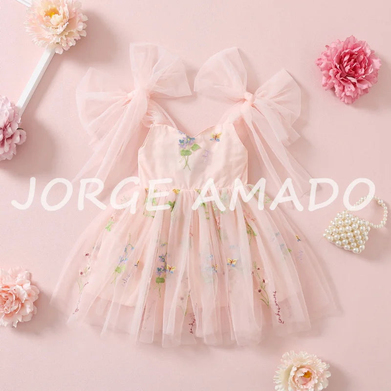 2026 Easter Kids Dress Girl Summer Dress Floral Bow Sleeveless Dance Performance Dress Girls Clothes E1236