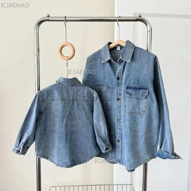 ‌2026 Mother-Child Mother and Son Daughter Matching Fashion Outfits Denim Jacket & Shirt Casual Kids and Adults Tops Autumn