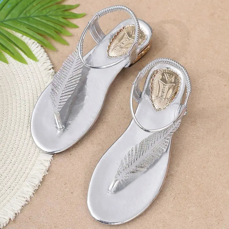 Women's Sandals Low Block Heel Rhinestone Leaf Thong Style Elastic Slingback Glossy Finish Summer Vacation Casual Dressy Shoes