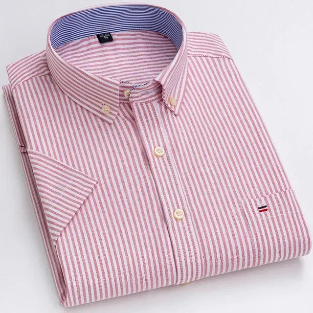 2026 100% Pure Cotton Men's Oxford Short Sleeve Square Collar Soild Plaid Striped Summer Casual Shirts Single Pocket  Shirt
