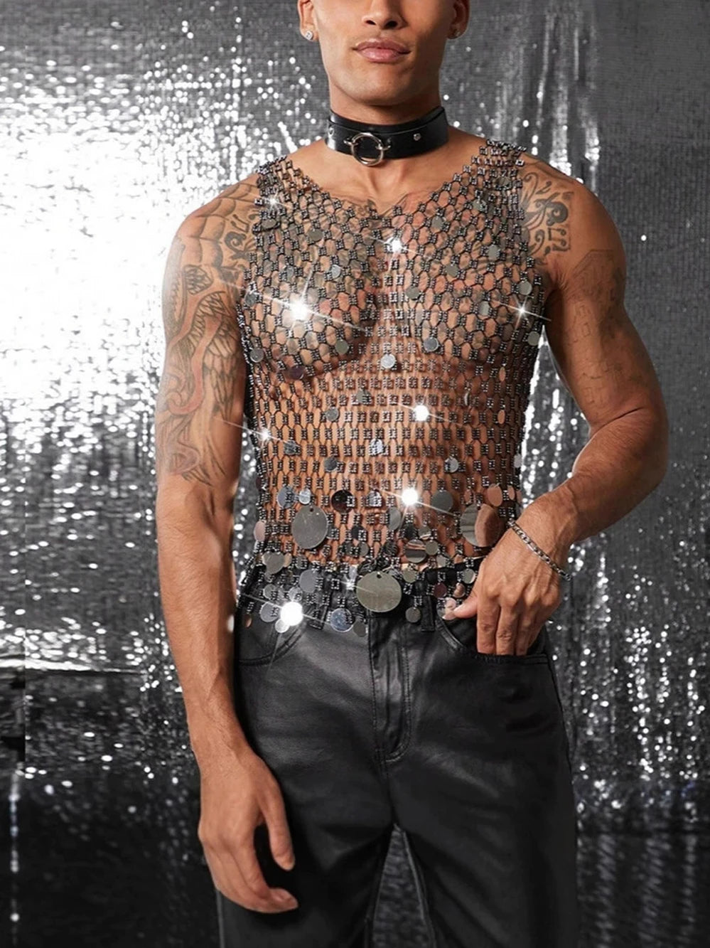 Tank Tops Men Rhinestone Fishnet Shiny Muscle Top Man See Through Vest Round Sequin Sleeveless T-Shirt Party Nightclub Garment