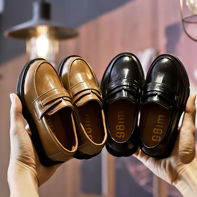 2025Kids Loafers Slip-on Pu Leather Shallow Black Brown Boys Girls Flat Shoes 21-36 Toddler Fashion Leisure Children Casual Shoe