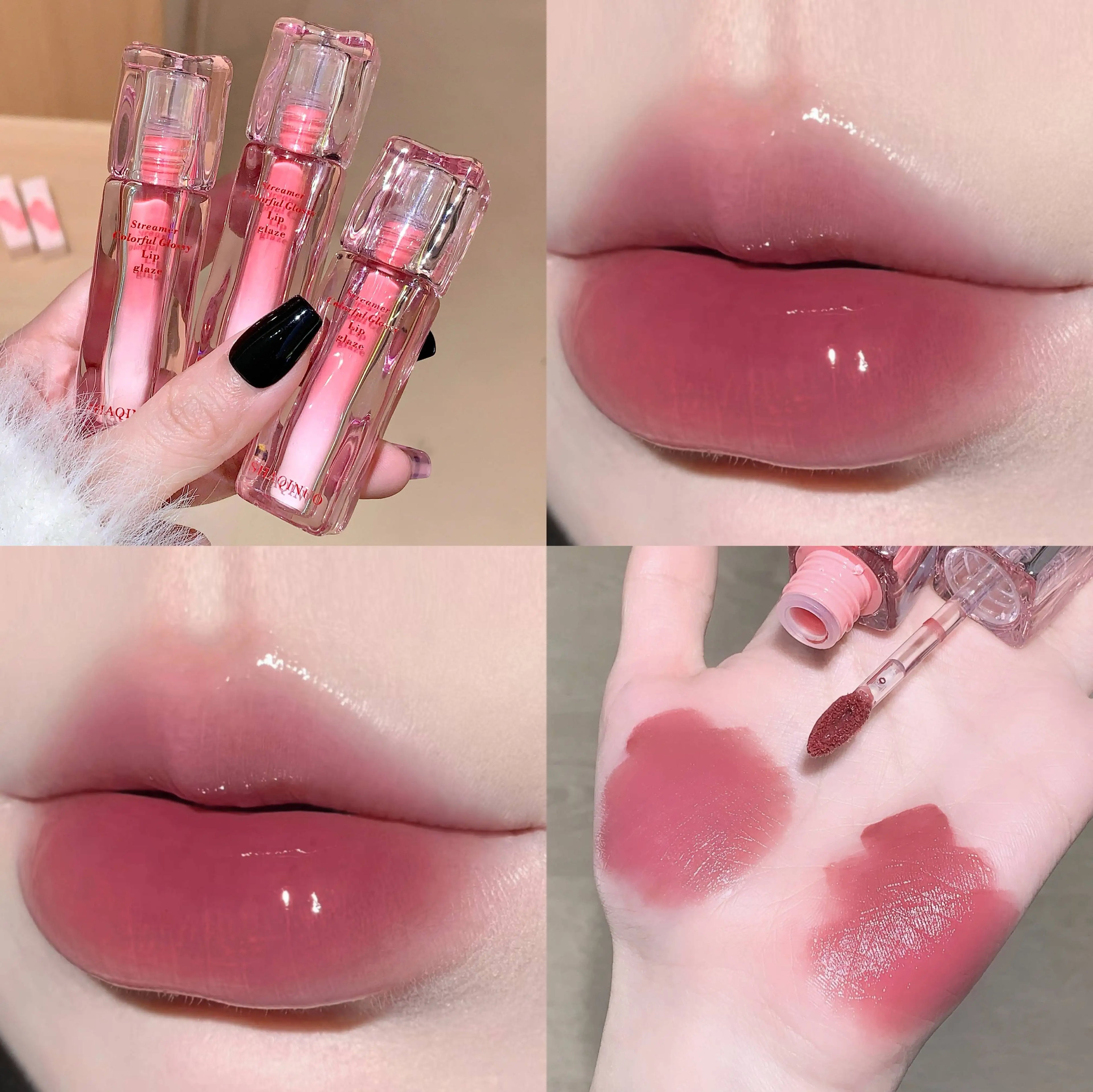 SHAQINUO Streamer Colorful Water Gloss Lip Glaze Mirror Water Gloss Moisturizing Lip Plumping Color Whitening