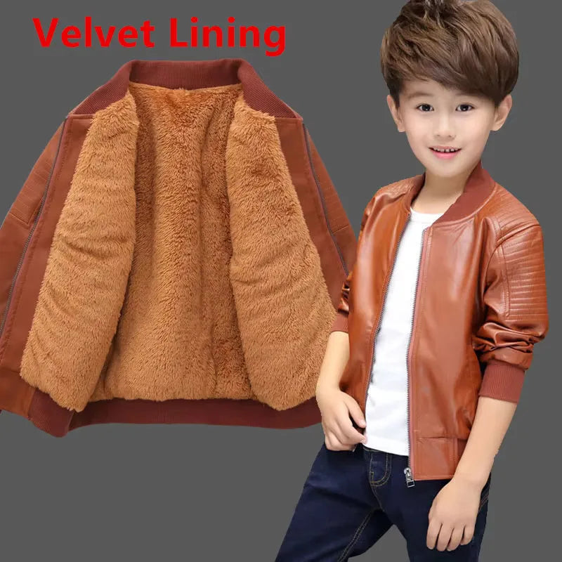 Boys Coats Autumn Winter Fashion Children's Plus Velvet / No Velvet Two styles Warming Cotton PU Leather Jacket For 1-11Y Kids