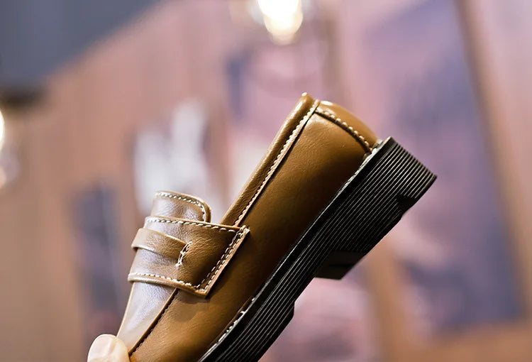2025Kids Loafers Slip-on Pu Leather Shallow Black Brown Boys Girls Flat Shoes 21-36 Toddler Fashion Leisure Children Casual Shoe