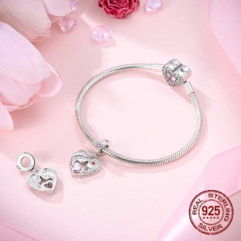 Mother Daughter Love Charms 925 Sterling Silver Family Dangle Pendant Fit Bangle Bracelet Necklace DIY Jewelry