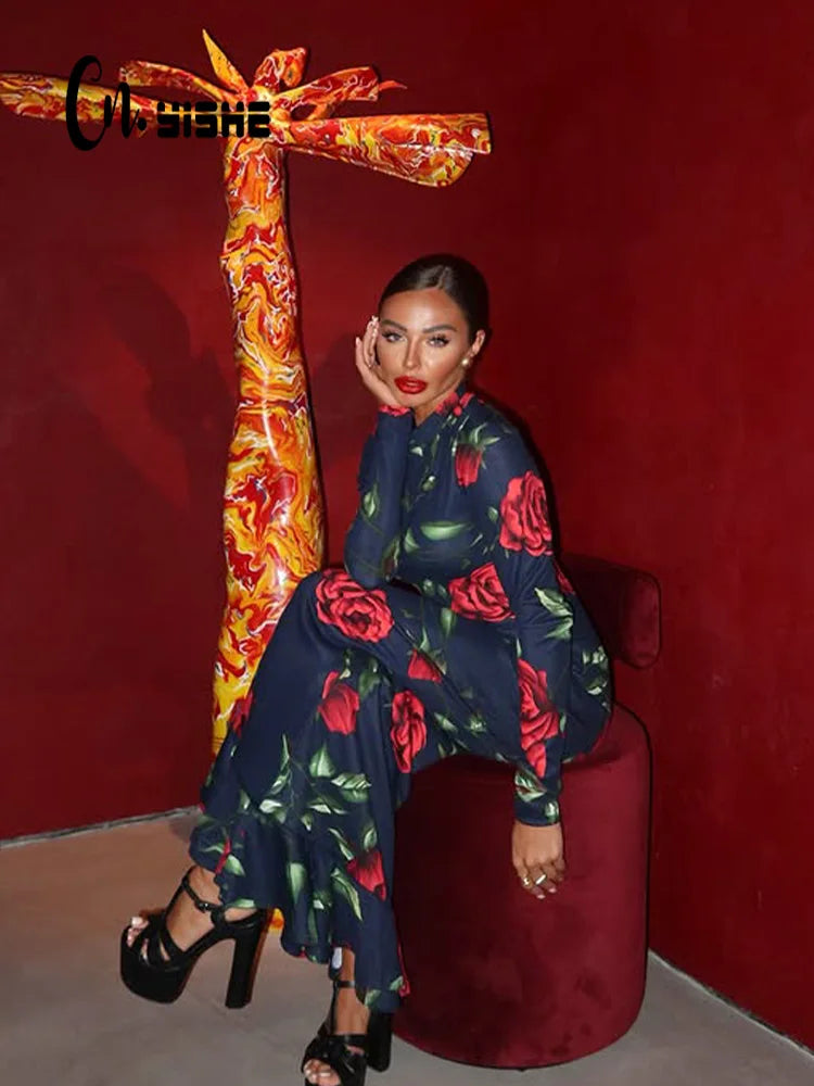 CNYISHE Flower Prints O Neck Women Dresses Sheath Trendy Fashion Elegant Evening Party Outfits Female Bodycon Long Sleeve Robes