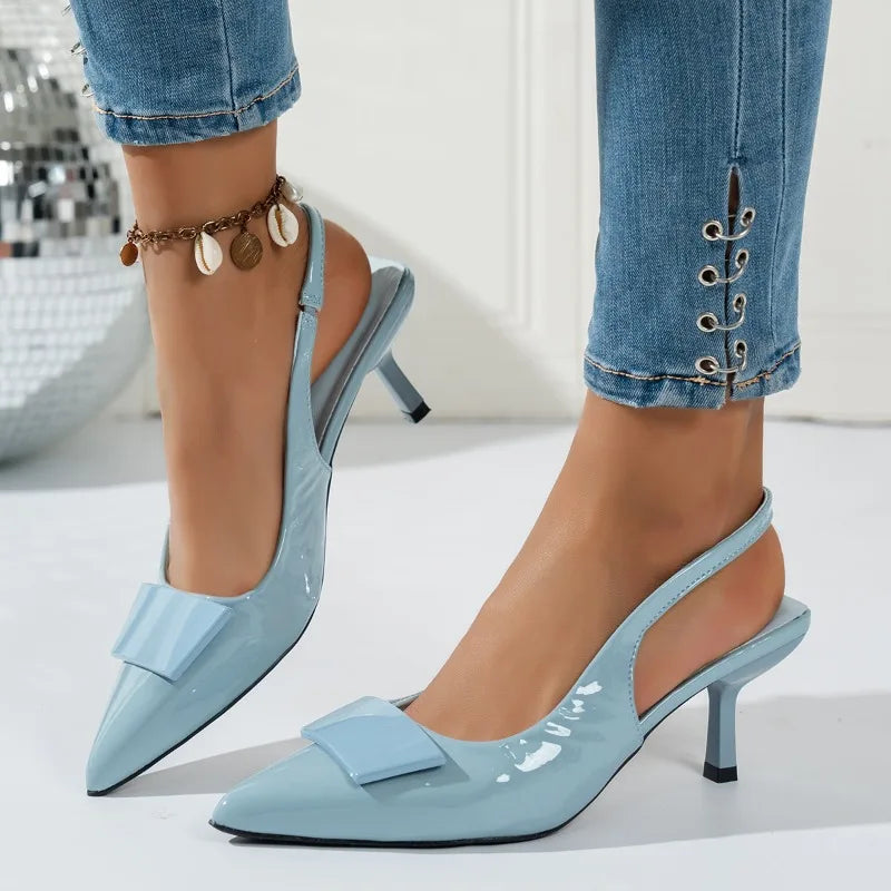 Elegant blue fashion hook-top pointed-toe ladies' high-heeled sandals. Summer style elegant hostess dress shoes. Formal shoes.