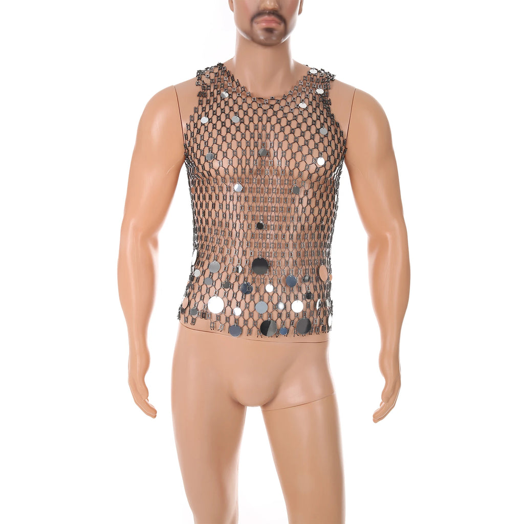 Tank Tops Men Rhinestone Fishnet Shiny Muscle Top Man See Through Vest Round Sequin Sleeveless T-Shirt Party Nightclub Garment