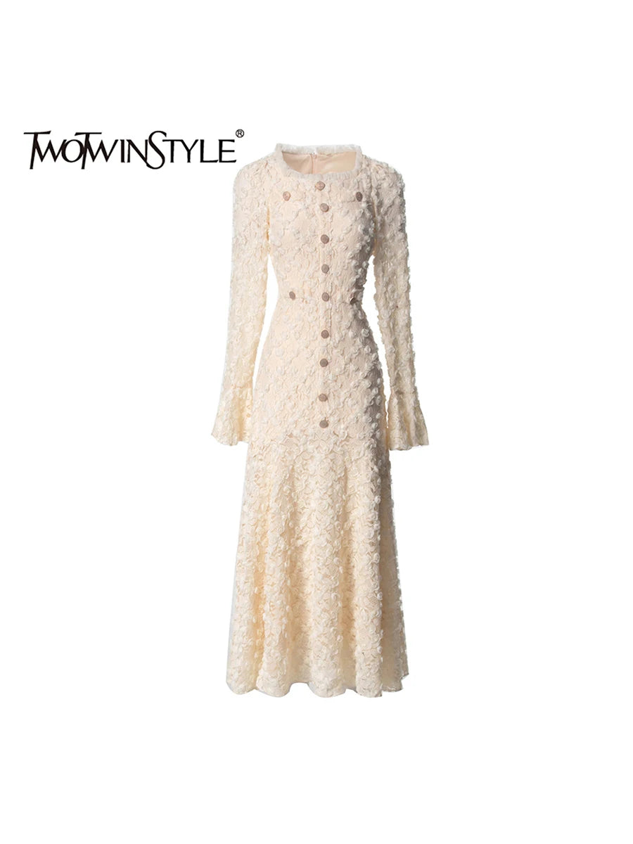 TWOTWINSTYLE Solid Spliced Button Slimming Dresses For Women O Neck Long Sleeve High Waist Temperament Dress Female Fashion New