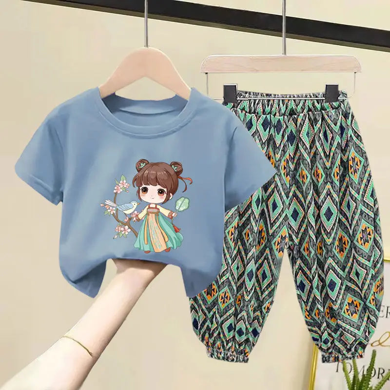 Kids Clothes Girl Sets Summer Little Girls Children Clothing Baby Suit Toddlers Girl T-shirt Short Sleeve Trousers 2pcs Cotton