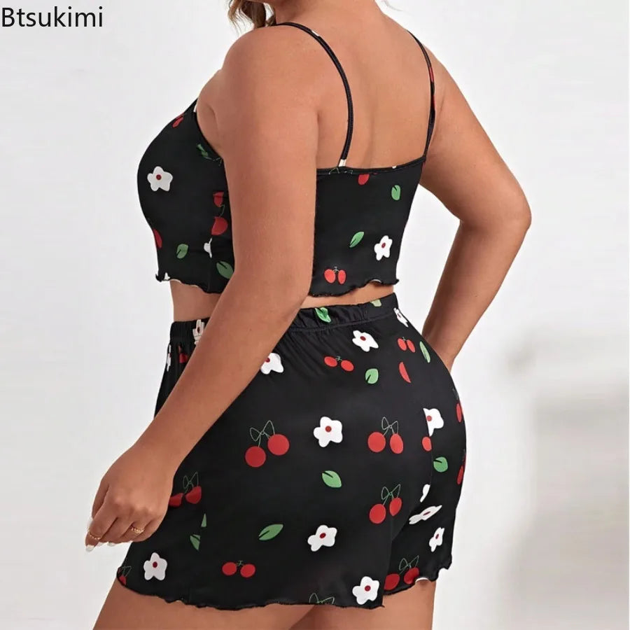 2026 Summer Women's Heart Print Pajama Set Sleeveless Elastic Waist Shorts 2 Pieces Female Sleepwear Nightwear XL-5XL Plus Size