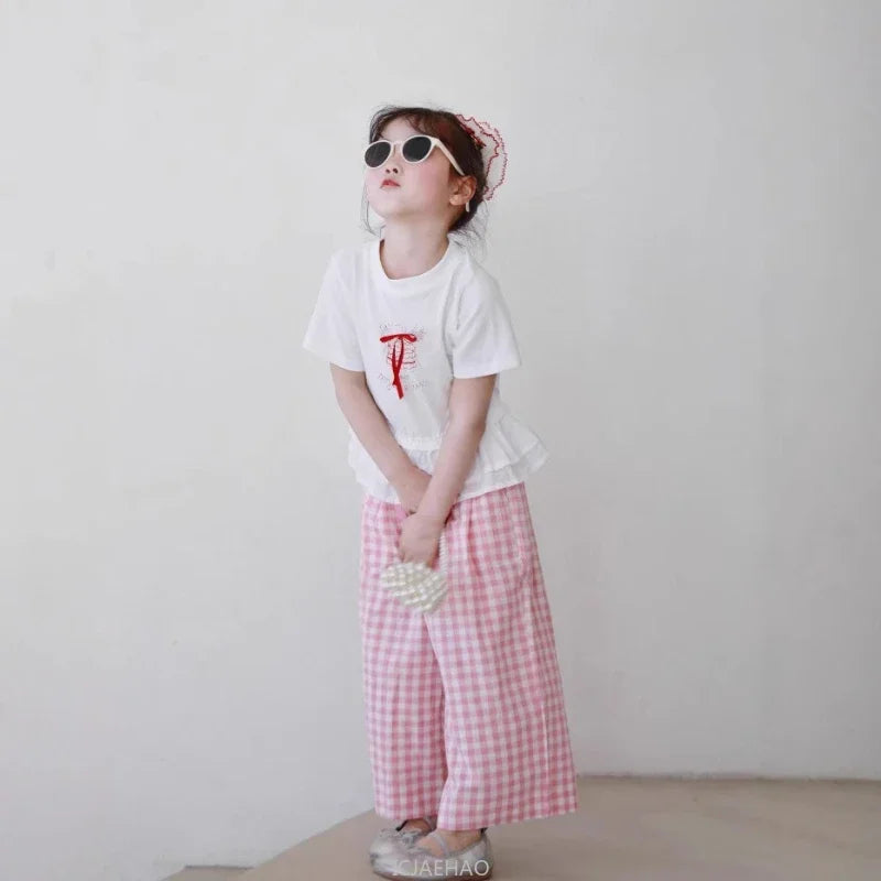 2025 Mother Daughter Matching Outfits Pink White Checkered Pants Tshirt Set Summer Casual Family Clothes Vacation Suits Mom
