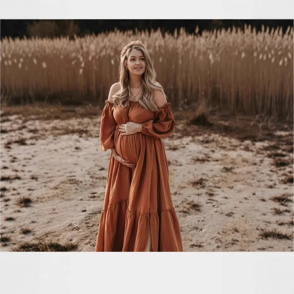 Maternity Photoshoot Dress - Sexy Off-Shoulder Gown Playful Puff Sleeves & Leg-Baring Slit Clothes for Pregnant Women Photograph