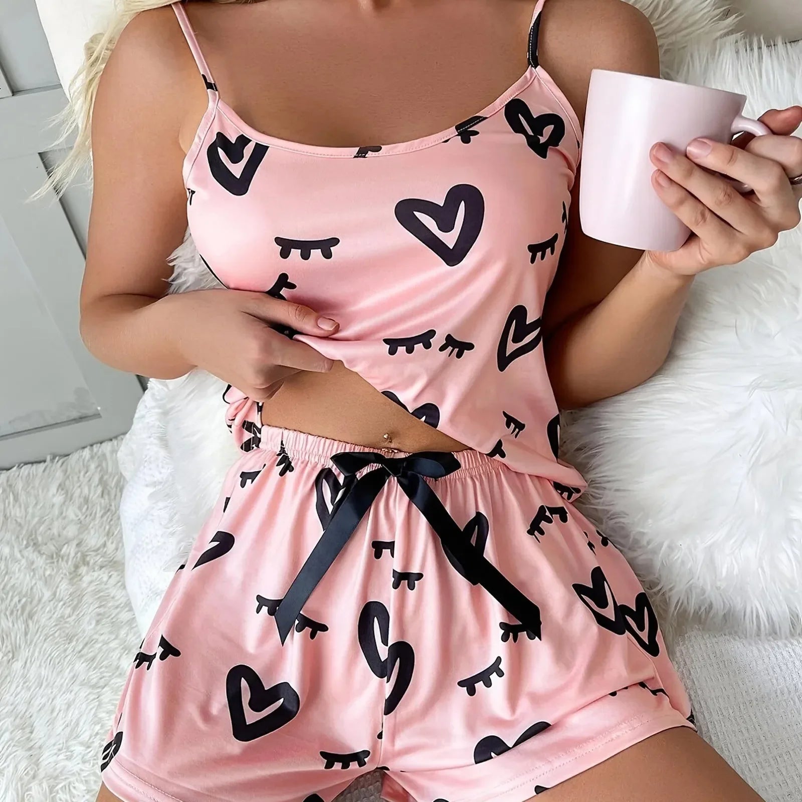 2PCS Women Pajama Set Heart Print Cami Top and Shorts Cute Satin Sleepwear Loungewear Summer Nightwear Homewear Outfit