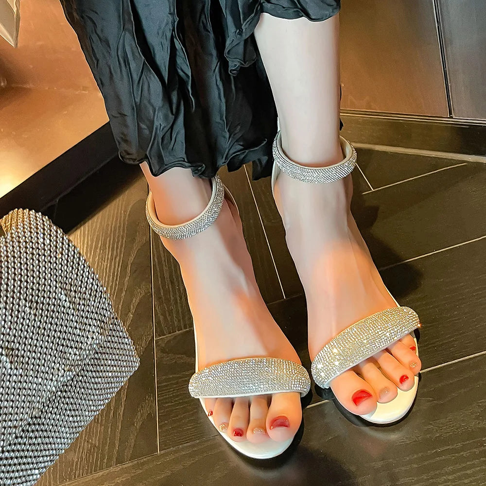 Sandals Women 2025 Concise Style One-strap Sandals for Girls Women Sexy Stiletto Heel Back Zip Cover Heels Summer Sandalias Gold